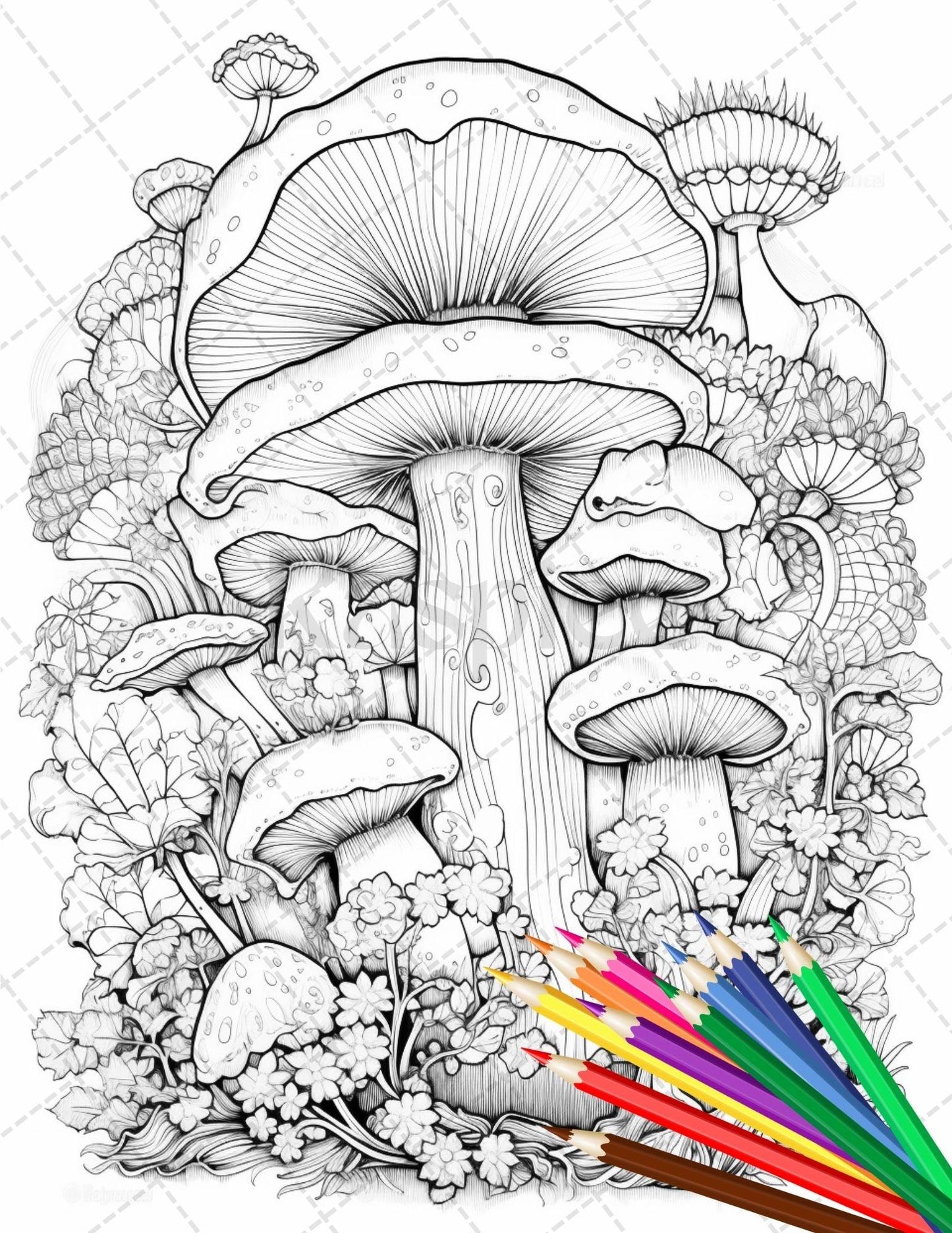 Psychedelic Mushroom Forest Coloring Book Printable for Adults, Trippy Grayscale Coloring Page, PDF File Instant Download