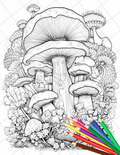 Psychedelic Mushroom Forest Coloring Book Printable for Adults, Trippy Grayscale Coloring Page, PDF File Instant Download