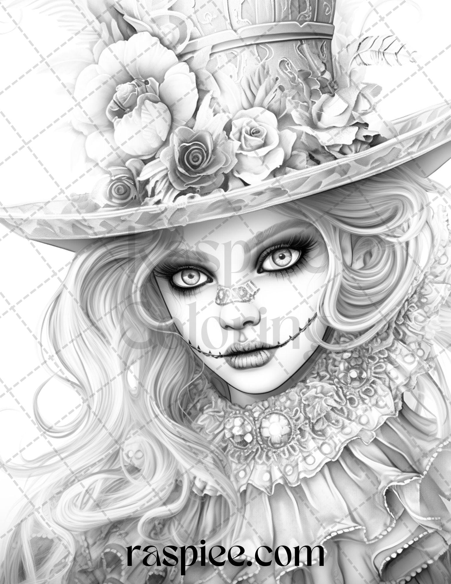 55 Halloween Girls Grayscale Coloring Pages Printable for Adults, PDF File Instant Download