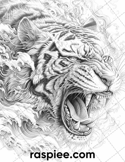 60 Traditional Japanese Tattoos Grayscale Adult Coloring Pages, Printable PDF Instant Download