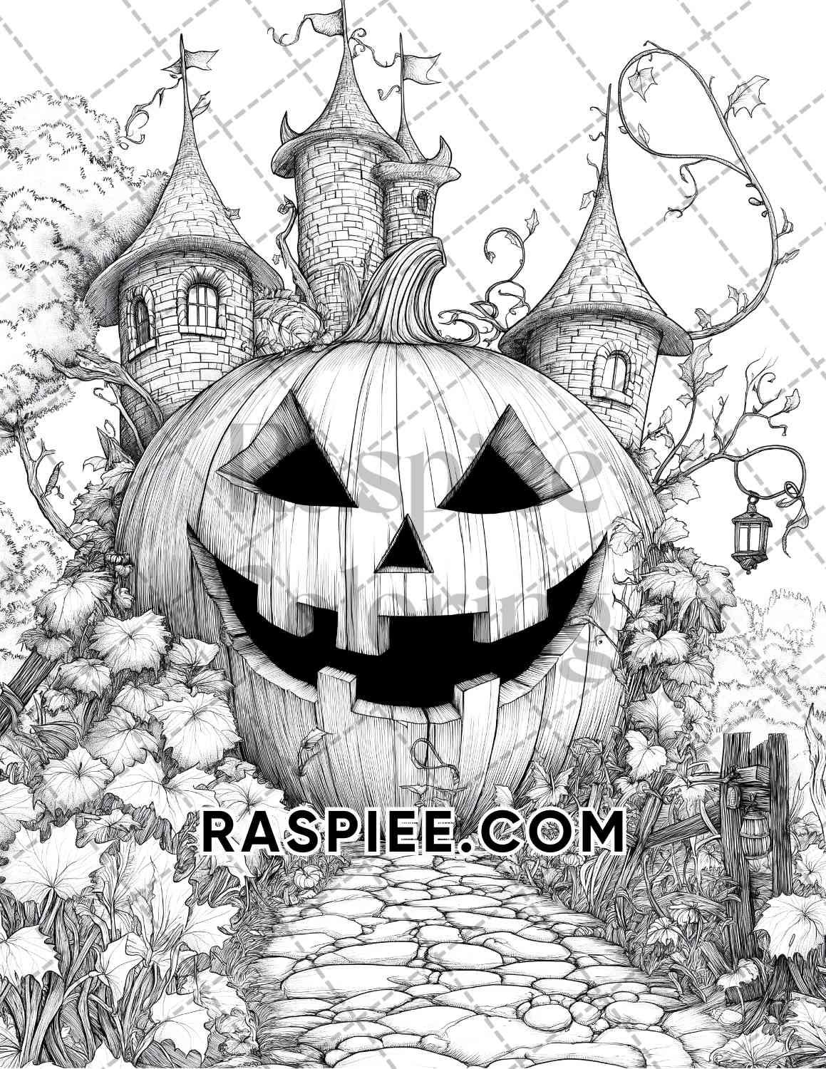 Fantasy Giant Pumpkin Castles Adult Coloring Pages Printable PDF Instant Download