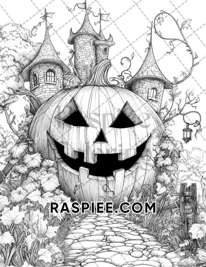 Fantasy Giant Pumpkin Castles Adult Coloring Pages Printable PDF Instant Download