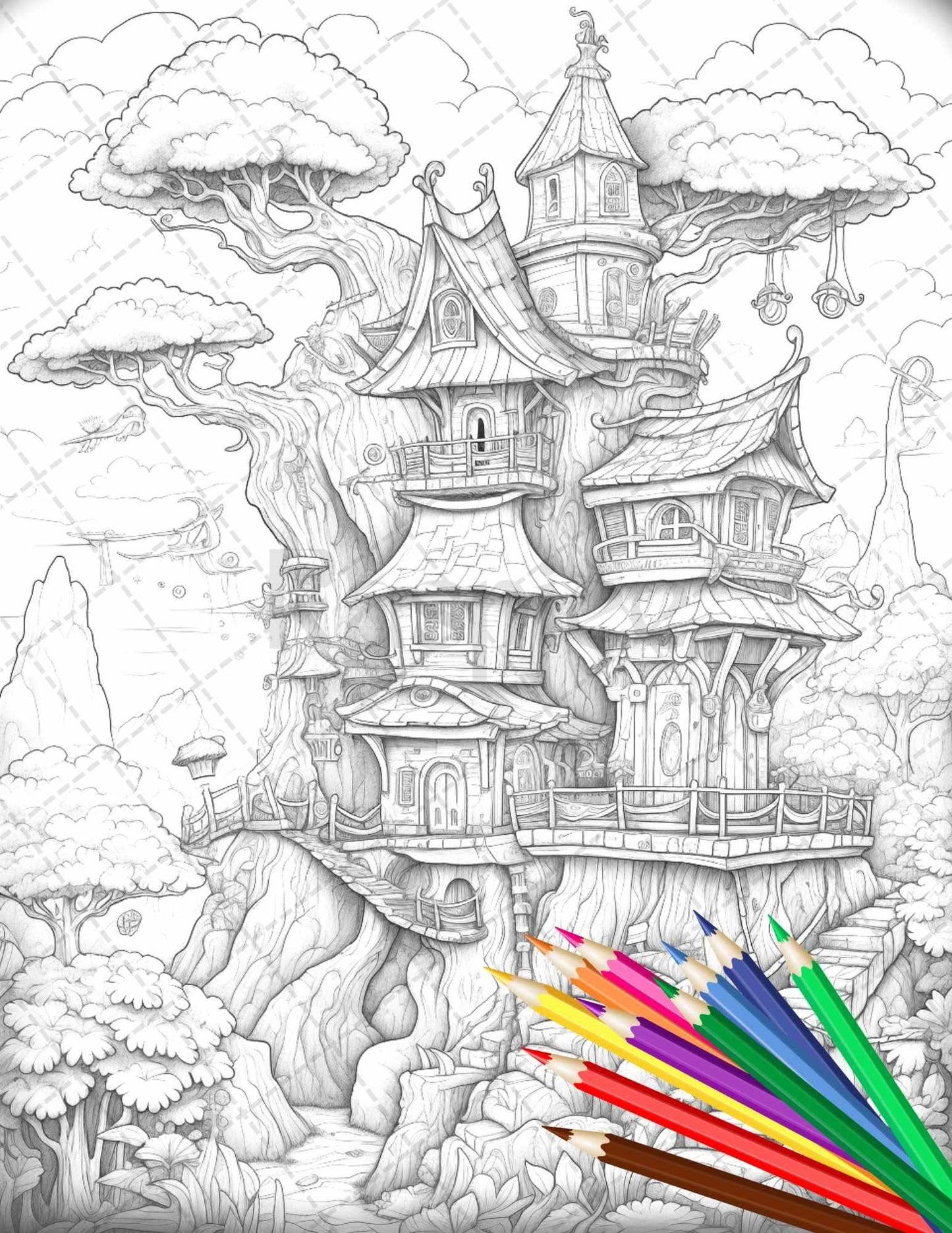 110 Enchanted Treehouse Coloring Book Printable for Adults, Grayscale Coloring Page, PDF File Instant Download