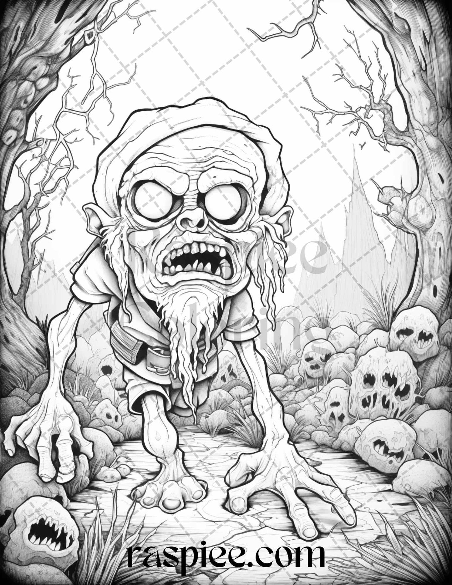 50 Horror Zombie Gnomes Grayscale Coloring Pages Printable for Adults, PDF File Instant Download