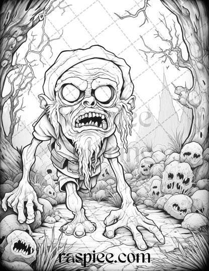 50 Horror Zombie Gnomes Grayscale Coloring Pages Printable for Adults, PDF File Instant Download