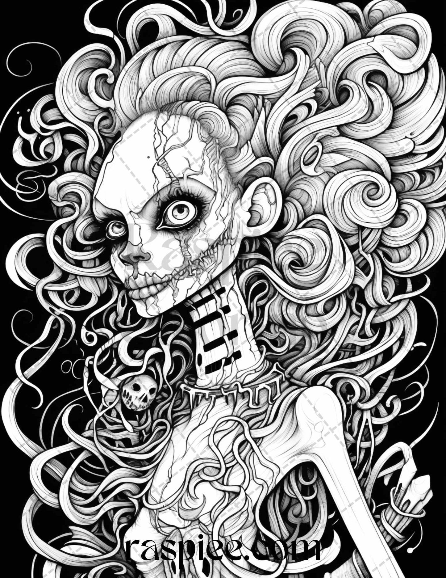 50 Spooky Miss Nightmare Grayscale Coloring Pages Printable for Adults, PDF File Instant Download
