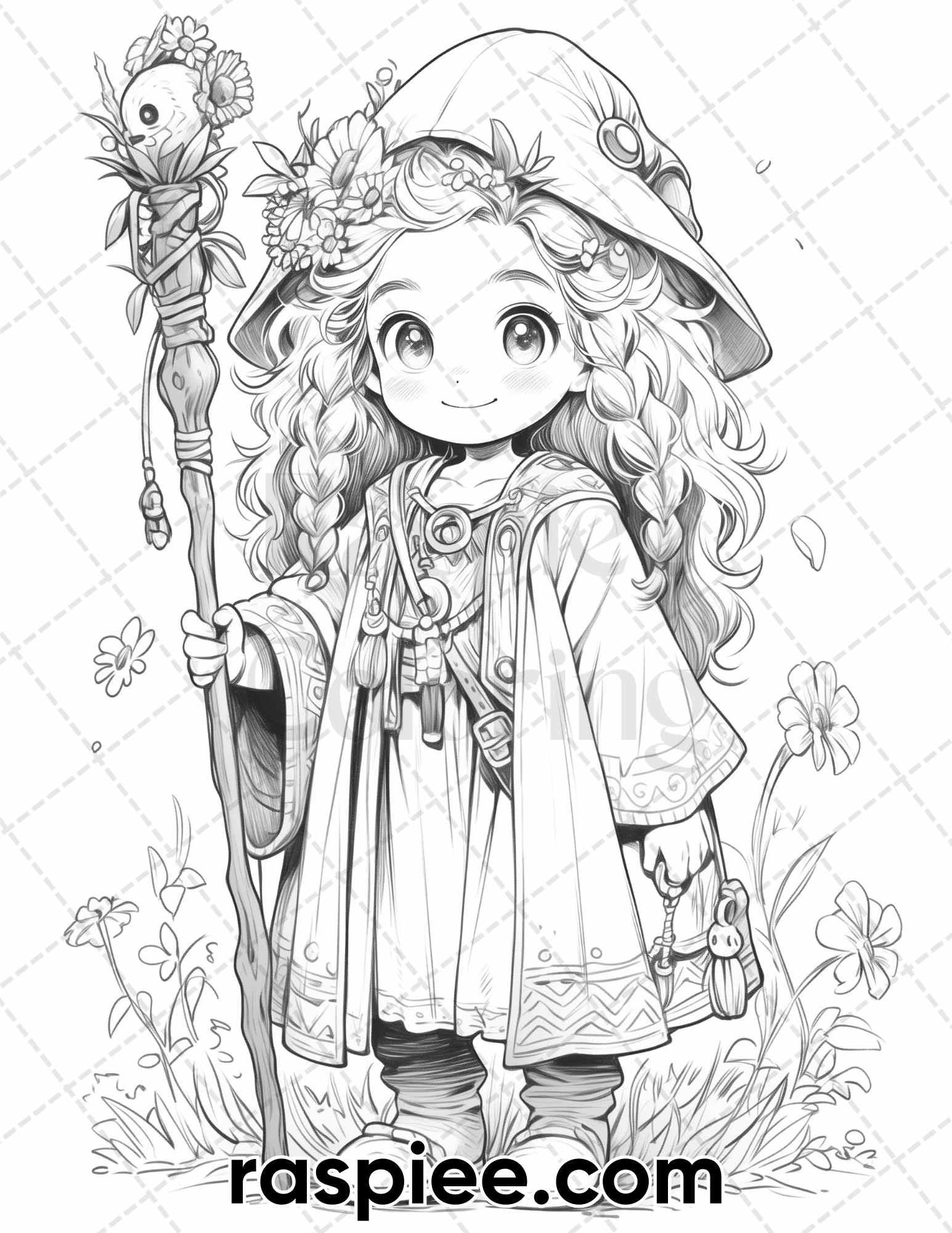52 Cute Druid Girl Grayscale Coloring Pages for Adults, Printable PDF Instant Download