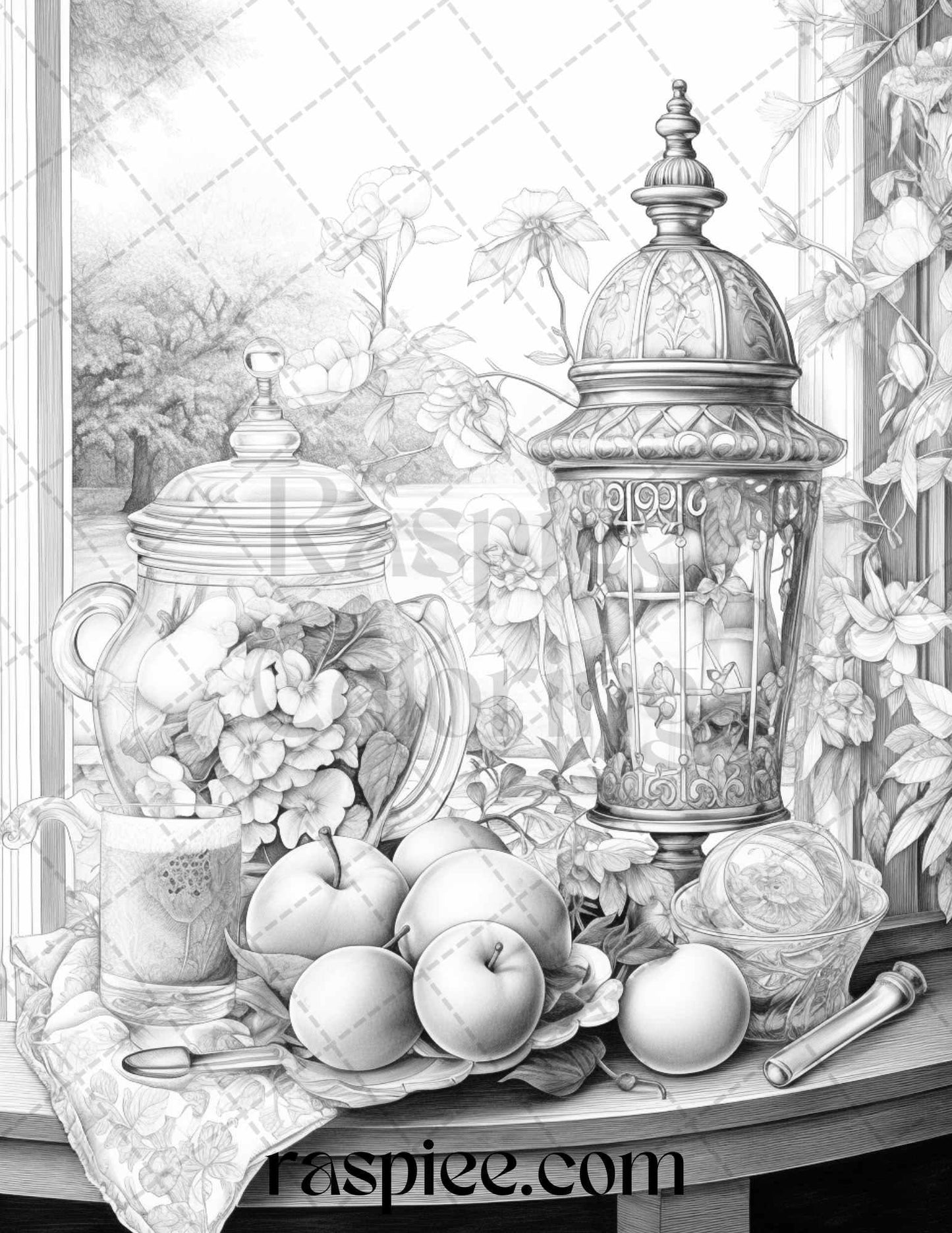 52 Still Life Grayscale Coloring Pages Printable for Adults, PDF File Instant Download
