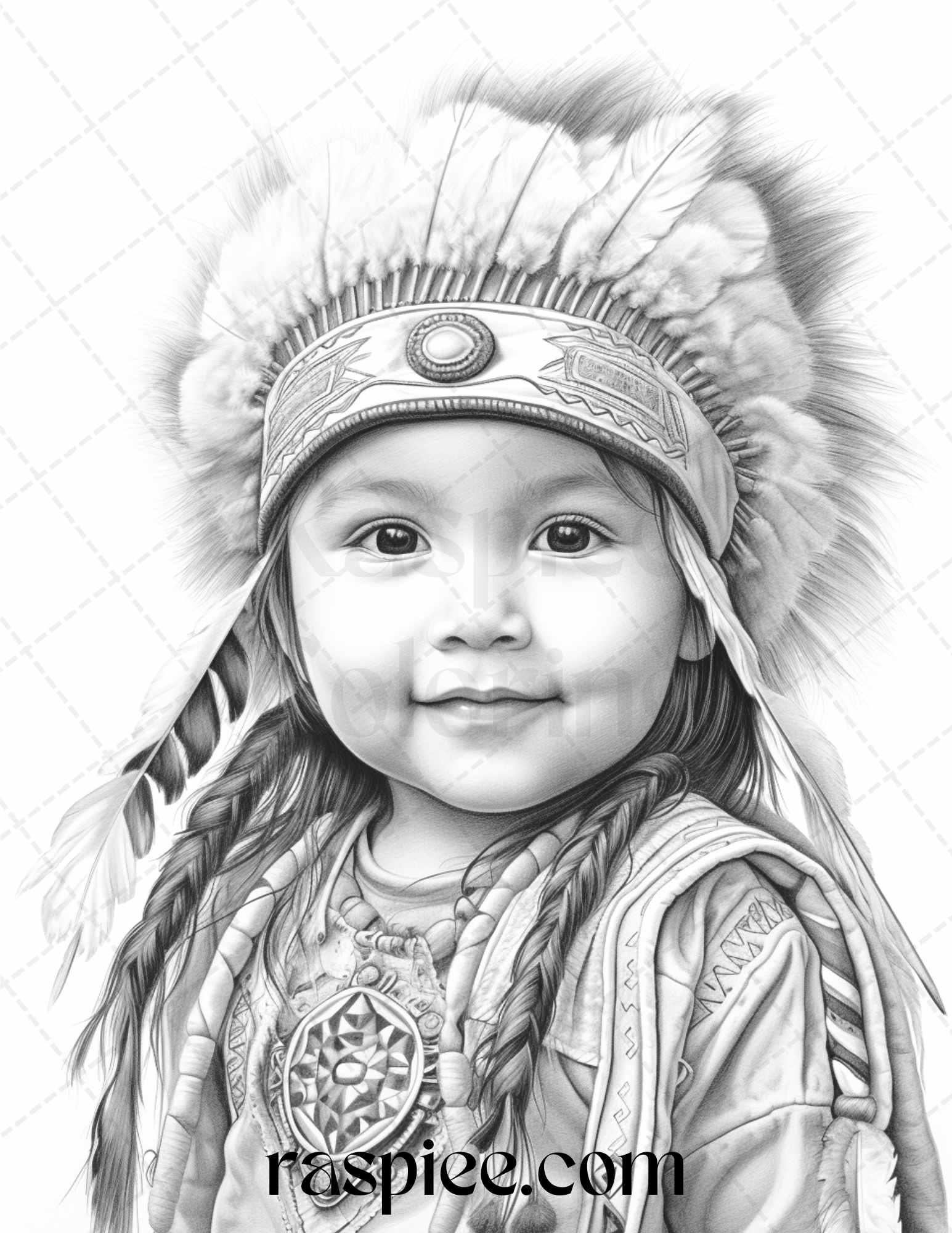 50 Native American Little Girls Boys Grayscale Coloring Pages Printable for Adults Kids, PDF File Instant Download