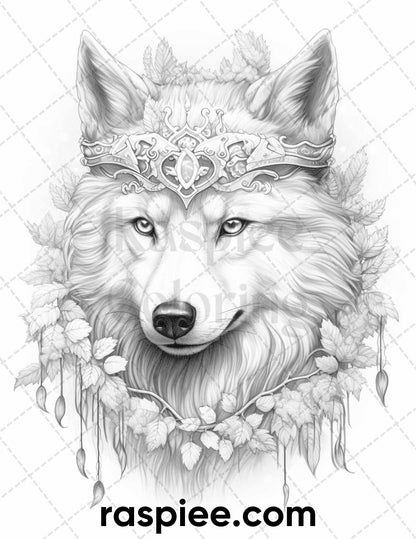 50 Winter Wolf Grayscale Coloring Pages for Adults, Printable PDF Instant Download