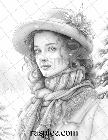60 Victorian Winter Portrait Grayscale Coloring Pages Printable for Adults, PDF File Instant Download