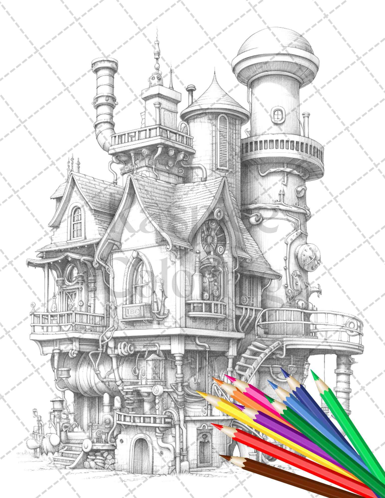 50 Steampunk Houses Grayscale Coloring Pages Printable for Adults, PDF File Instant Download