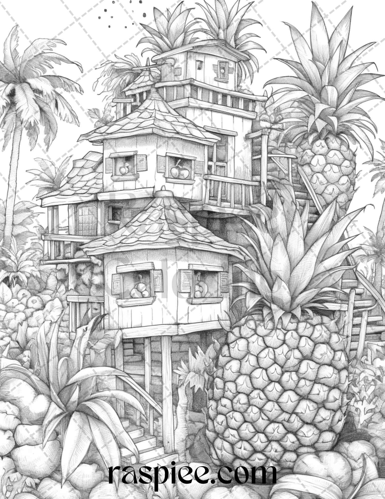 50 Pineapple Houses Grayscale Coloring Pages Printable for Adults, PDF File Instant Download