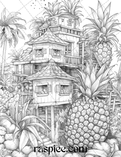 50 Pineapple Houses Grayscale Coloring Pages Printable for Adults, PDF File Instant Download