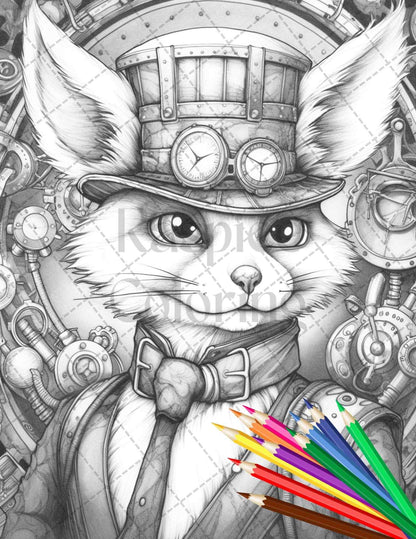 60 Steampunk Animals Grayscale Coloring Pages Printable for Adults, PDF File Instant Download