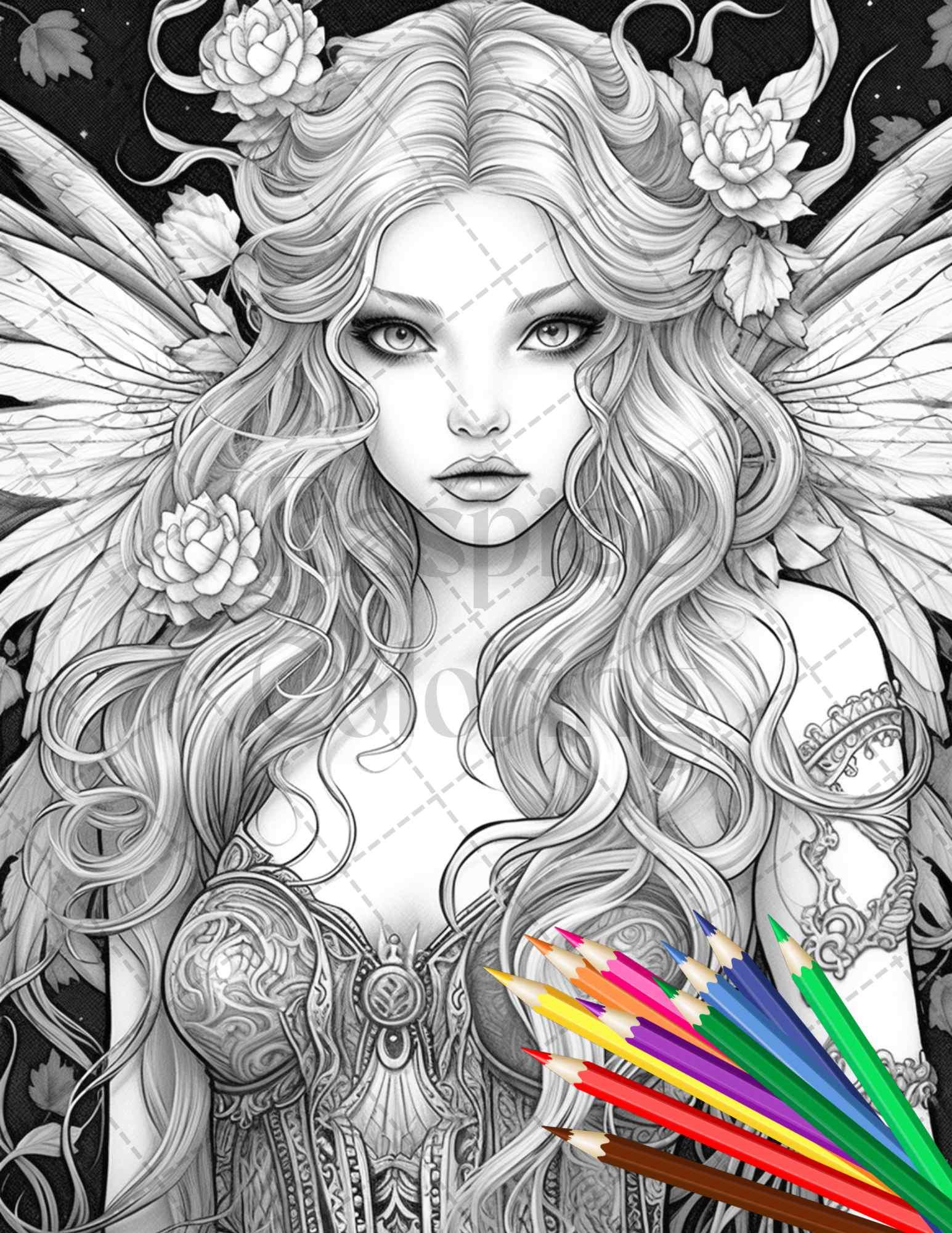 Beautiful Dark Fairy Grayscale Coloring Pages Printable for Adults, PDF File Instant Download