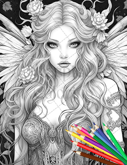 Beautiful Dark Fairy Grayscale Coloring Pages Printable for Adults, PDF File Instant Download