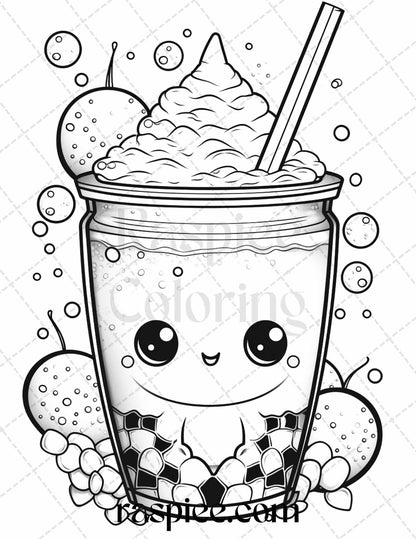 50 Cute Kawaii Boba Tea Grayscale Coloring Pages for Adults and Kids, Printable PDF File Instant Download