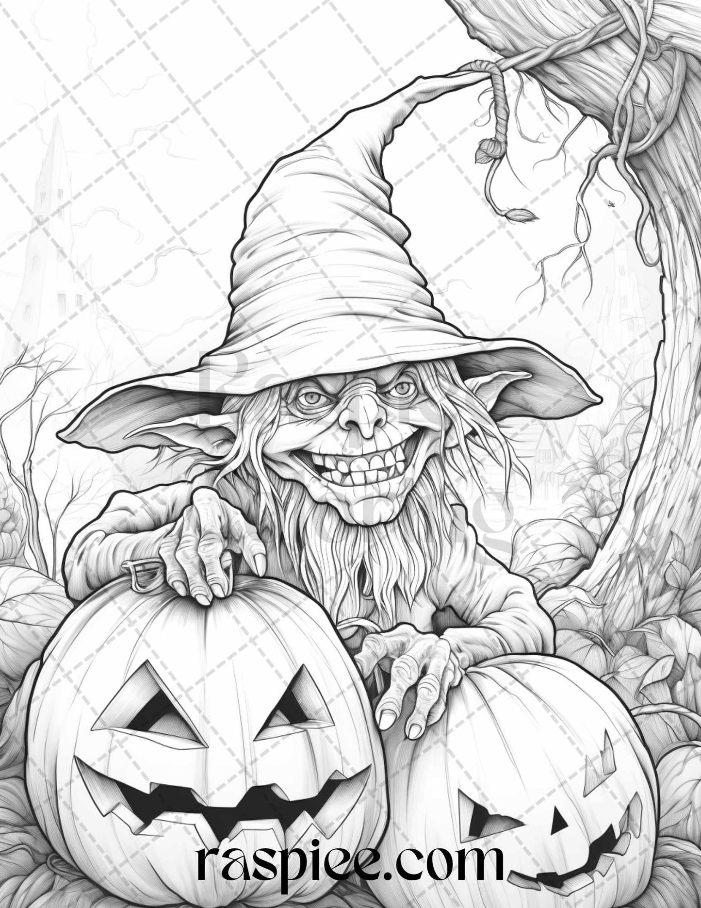 50 Halloween Goblin Grayscale Coloring Pages Printable for Adults, PDF File Instant Download