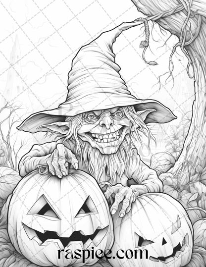 50 Halloween Goblin Grayscale Coloring Pages Printable for Adults, PDF File Instant Download