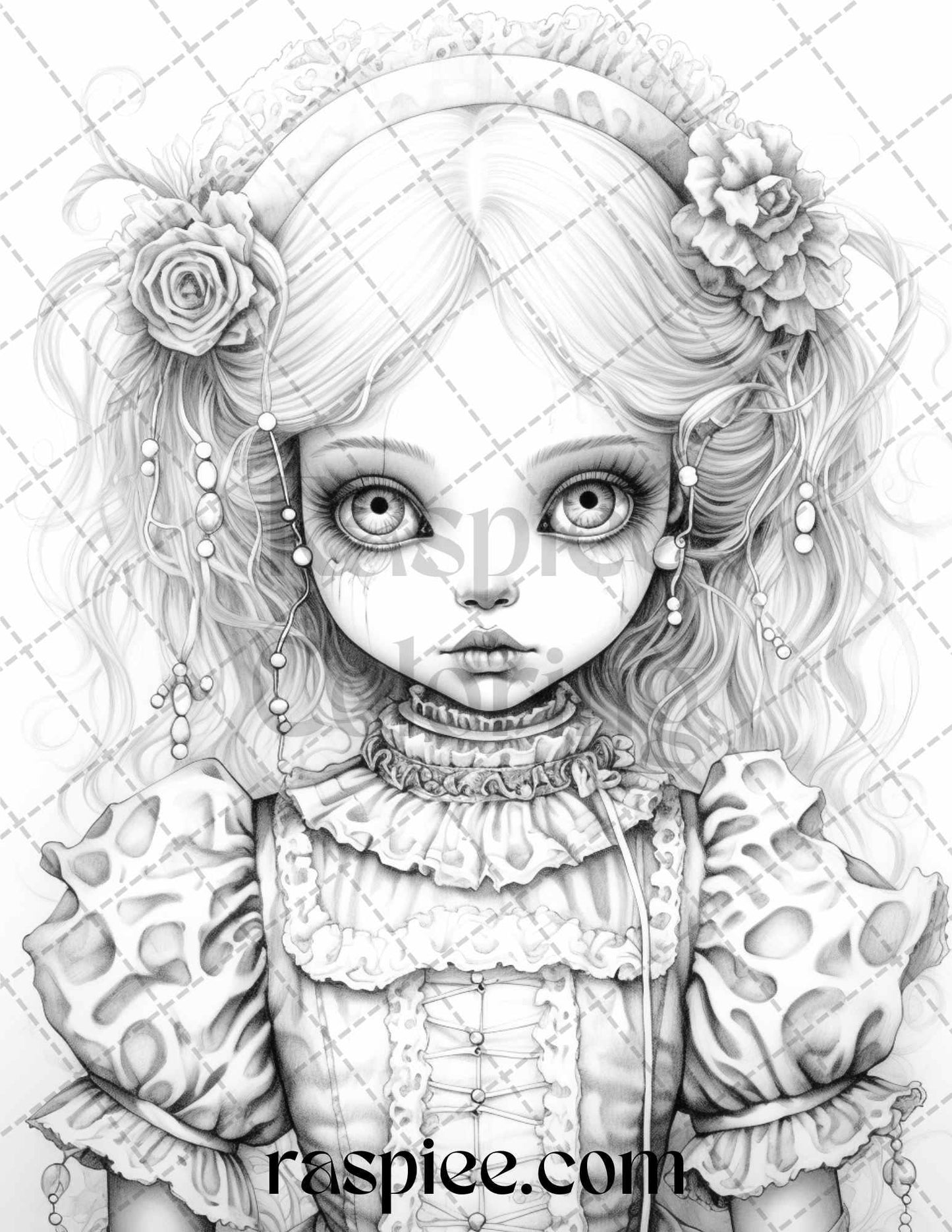 50 Scary Victorian Dolls Grayscale Coloring Pages Printable for Adults, PDF File Instant Download