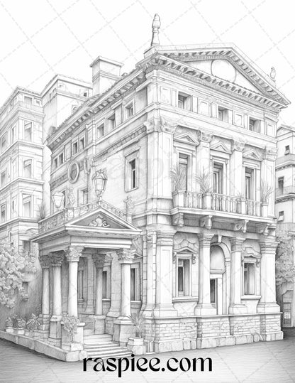 Roman Architecture Grayscale Coloring Pages Printable for Adults, PDF File Instant Download