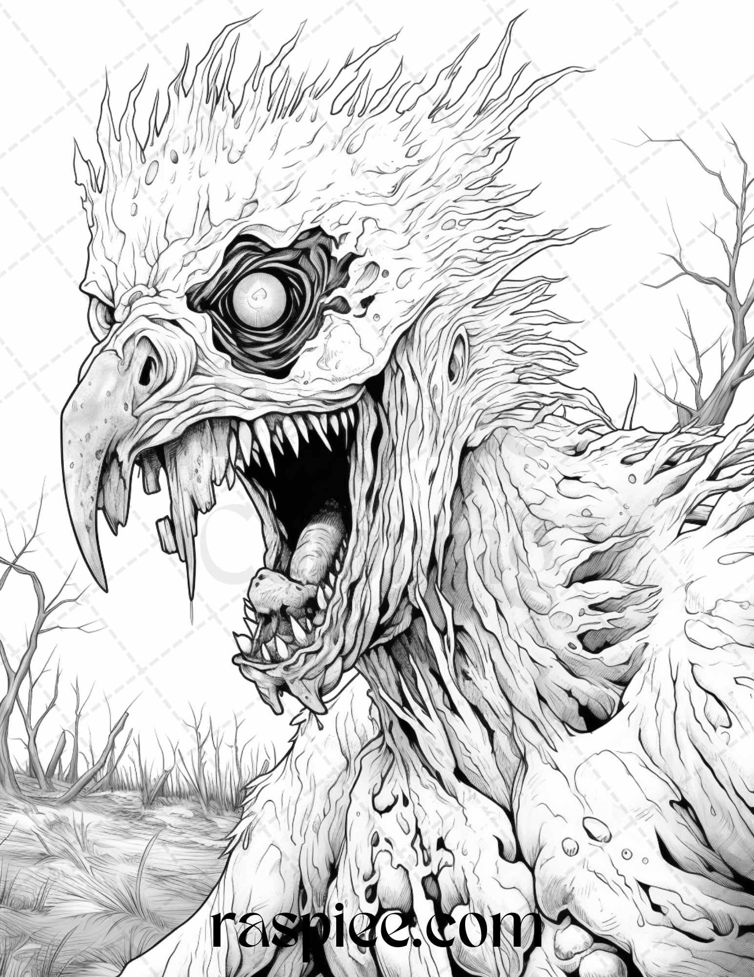 66 Horror Zombie Animals Grayscale Coloring Pages Printable for Adults, PDF File Instant Download