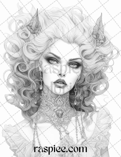 Bewitching Vampires Grayscale Coloring Pages Printable for Adults, PDF File Instant Download