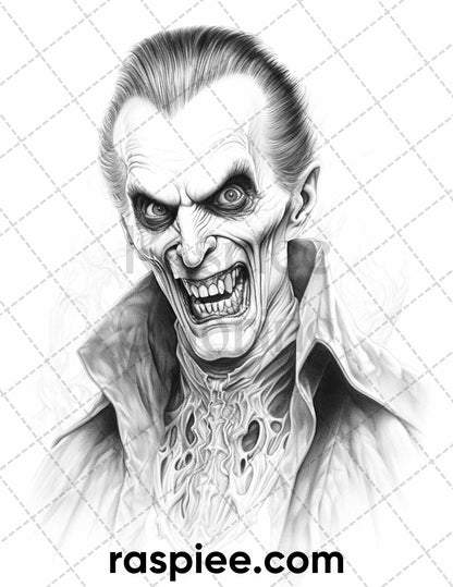 50 Count Dracula Grayscale Coloring Pages Printable for Adults, PDF File Instant Download
