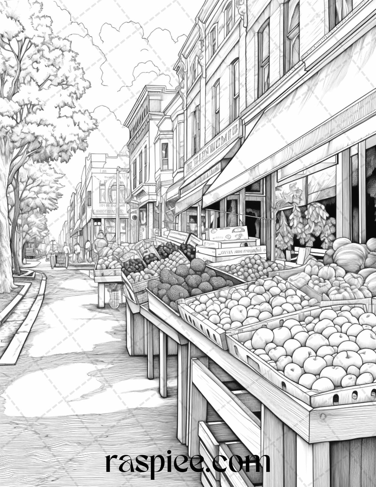 Autumn Street Markets Grayscale Coloring Pages for Adults, Printable PDF File Instant Download