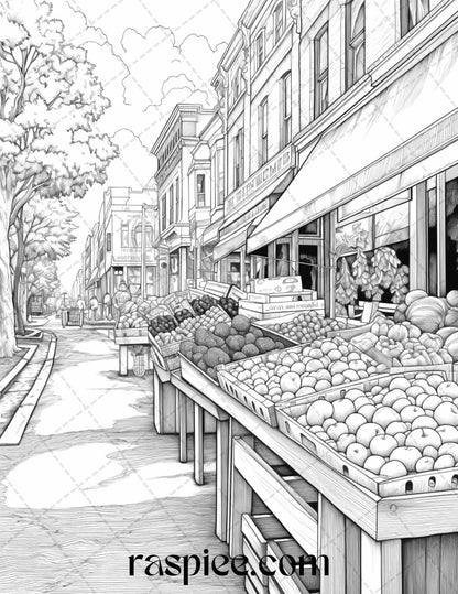 Autumn Street Markets Grayscale Coloring Pages for Adults, Printable PDF File Instant Download
