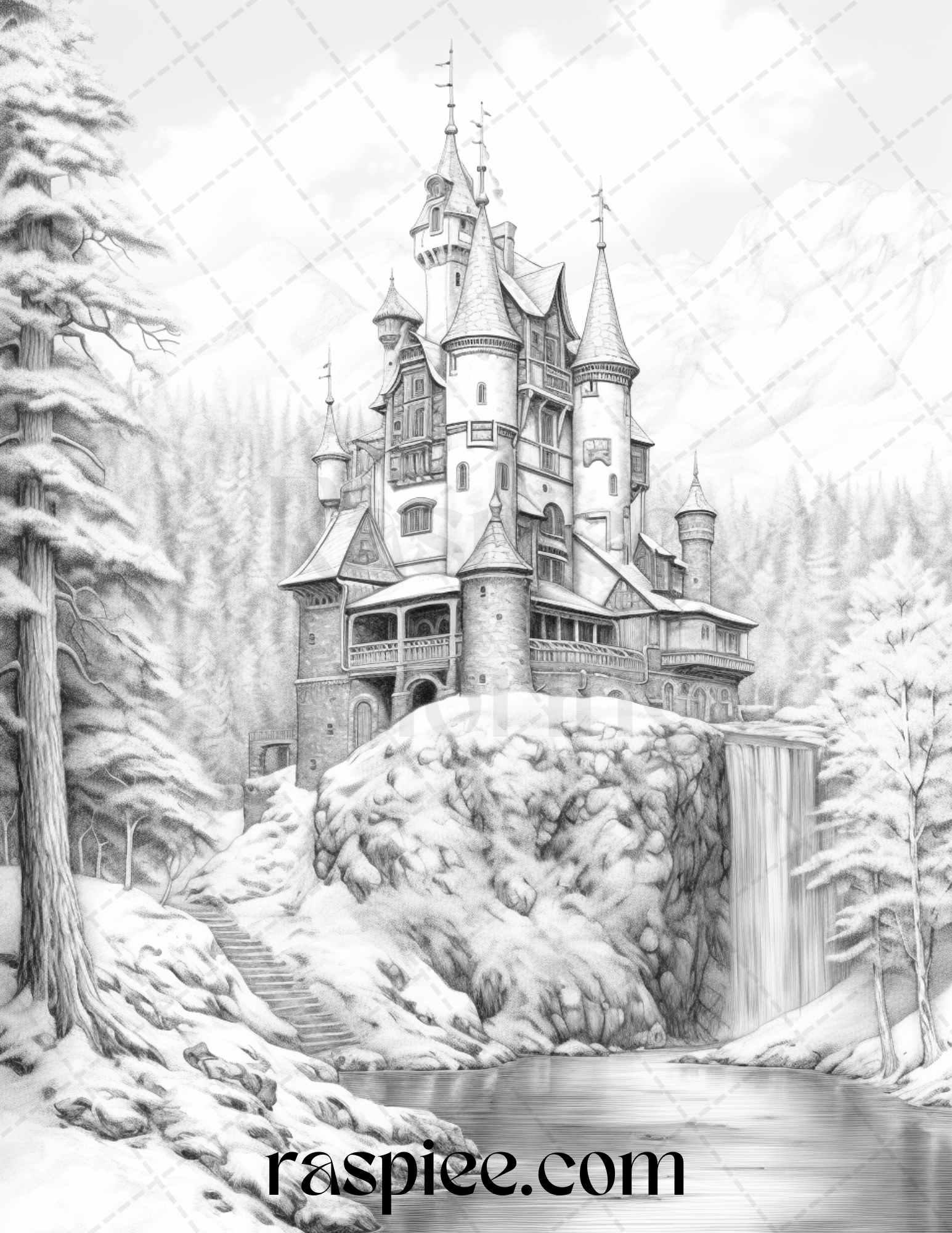 Winter Scenery Grayscale Coloring Pages Printable, Relaxing Snowy Landscapes, PDF File Instant Download