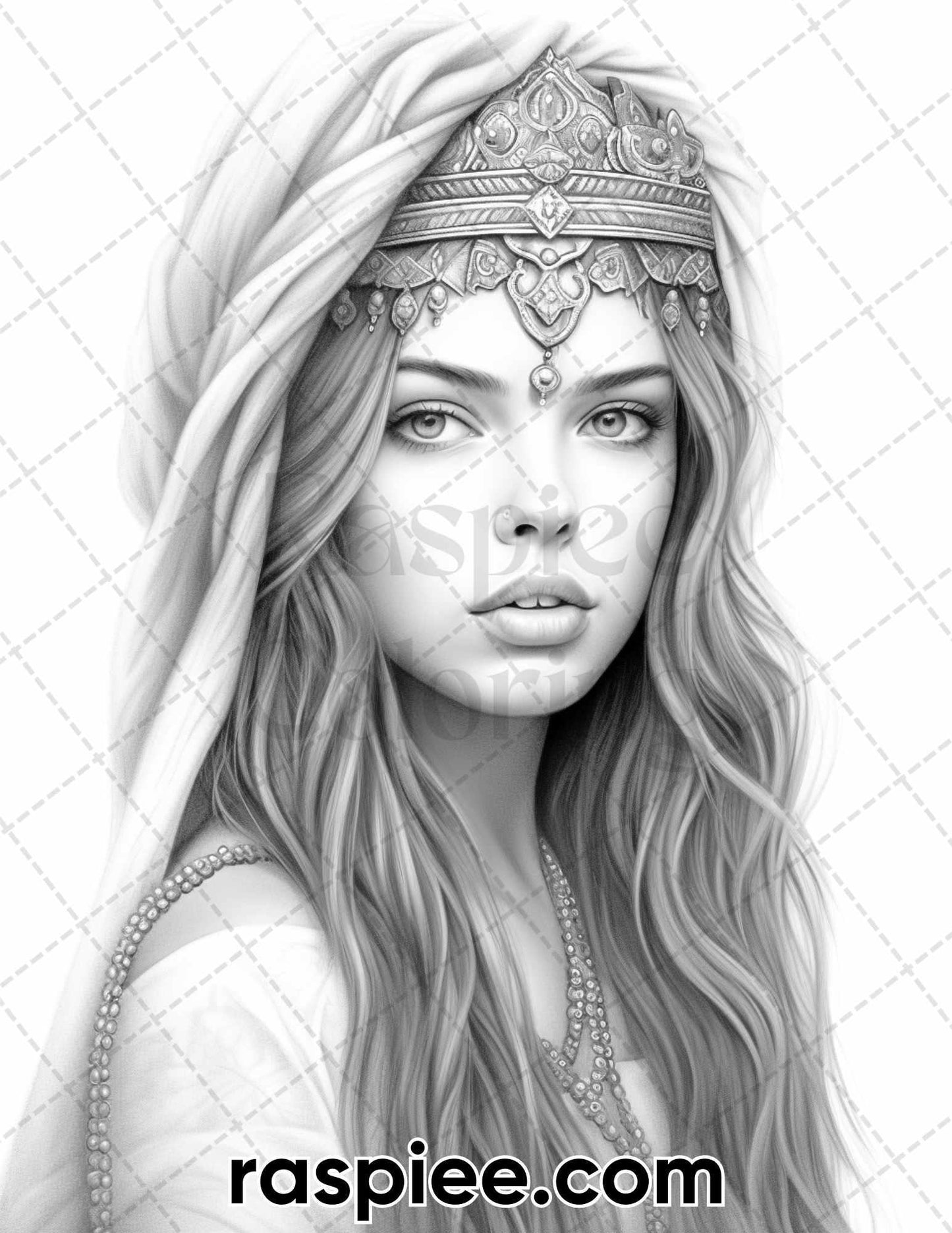 60 Bohemian Beauties Grayscale Coloring Pages for Adults, Printable PDF Instant Download