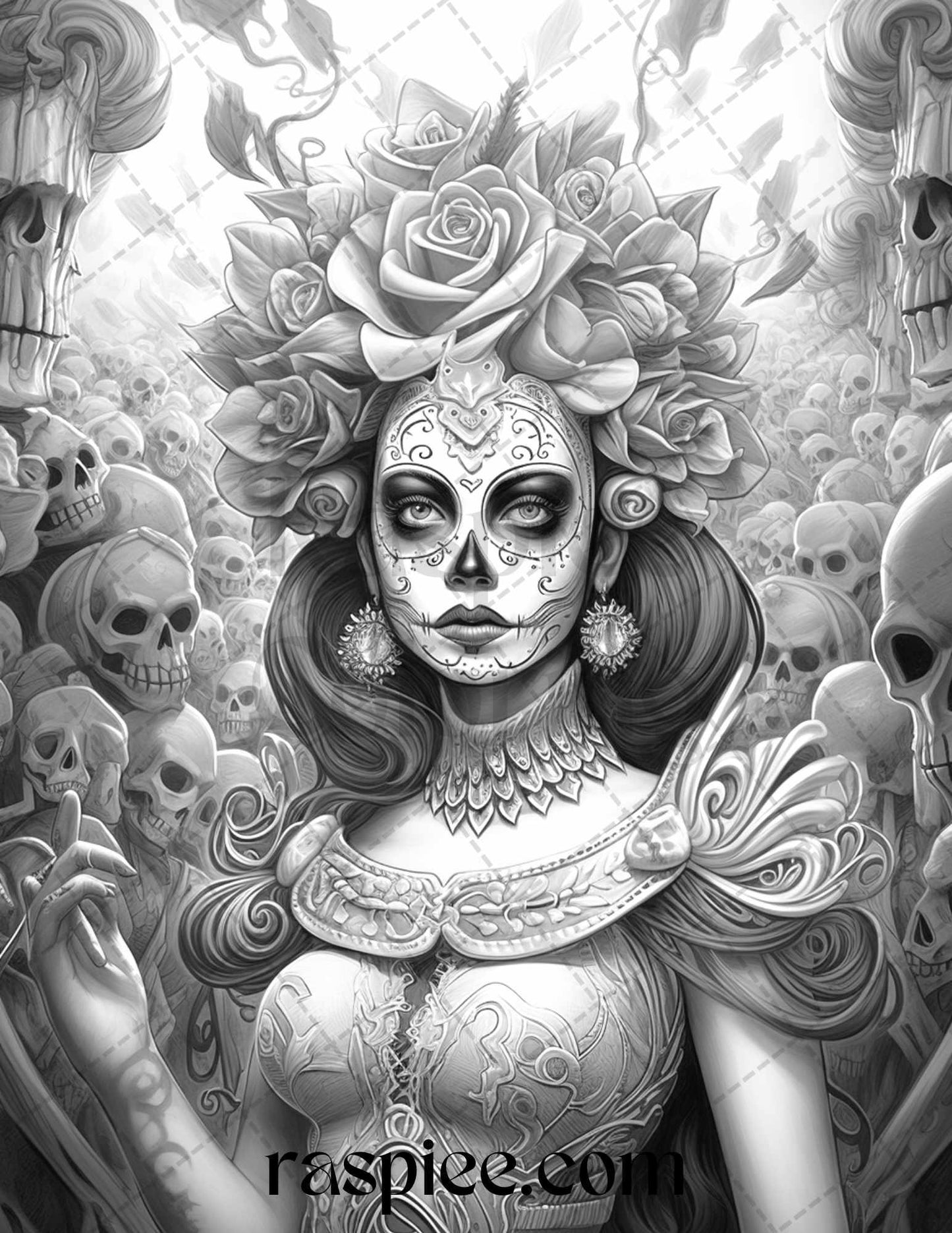 50 Day of the Dead Grayscale Coloring Pages Printable for Adults, PDF File Instant Download