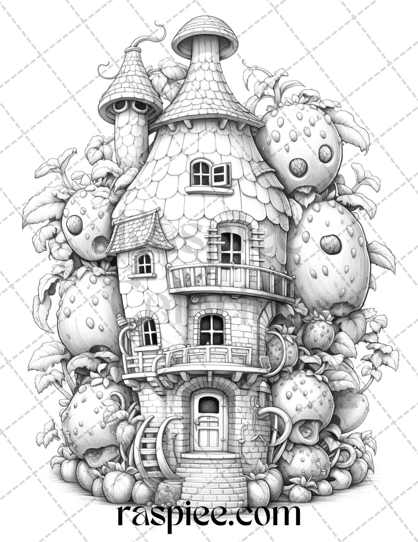 50 Strawberry Houses Grayscale Coloring Pages Printable for Adults Kids, PDF File Instant Download