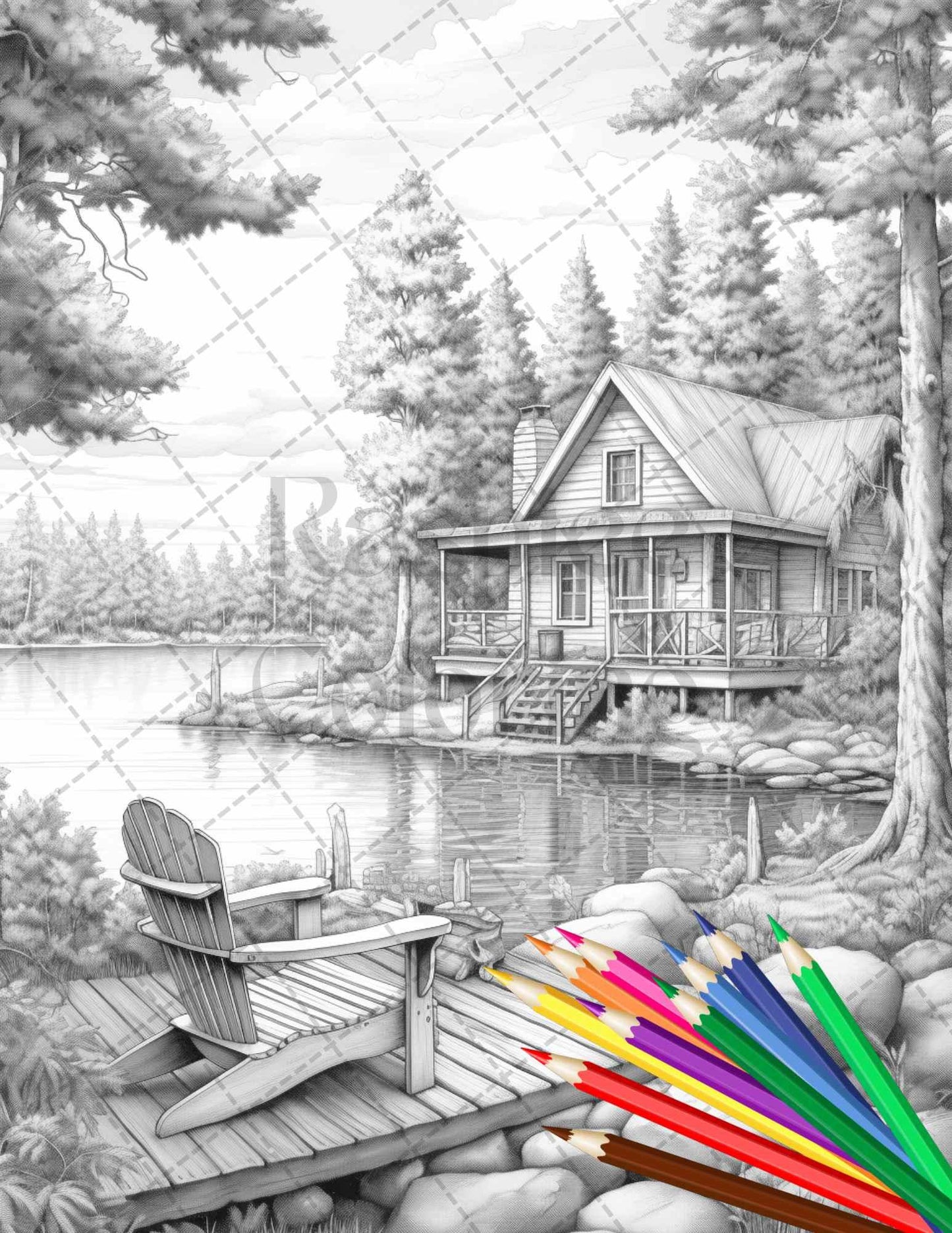 Lake Cabin Scenery Grayscale Coloring Pages Printable for Adults, PDF File Instant Download