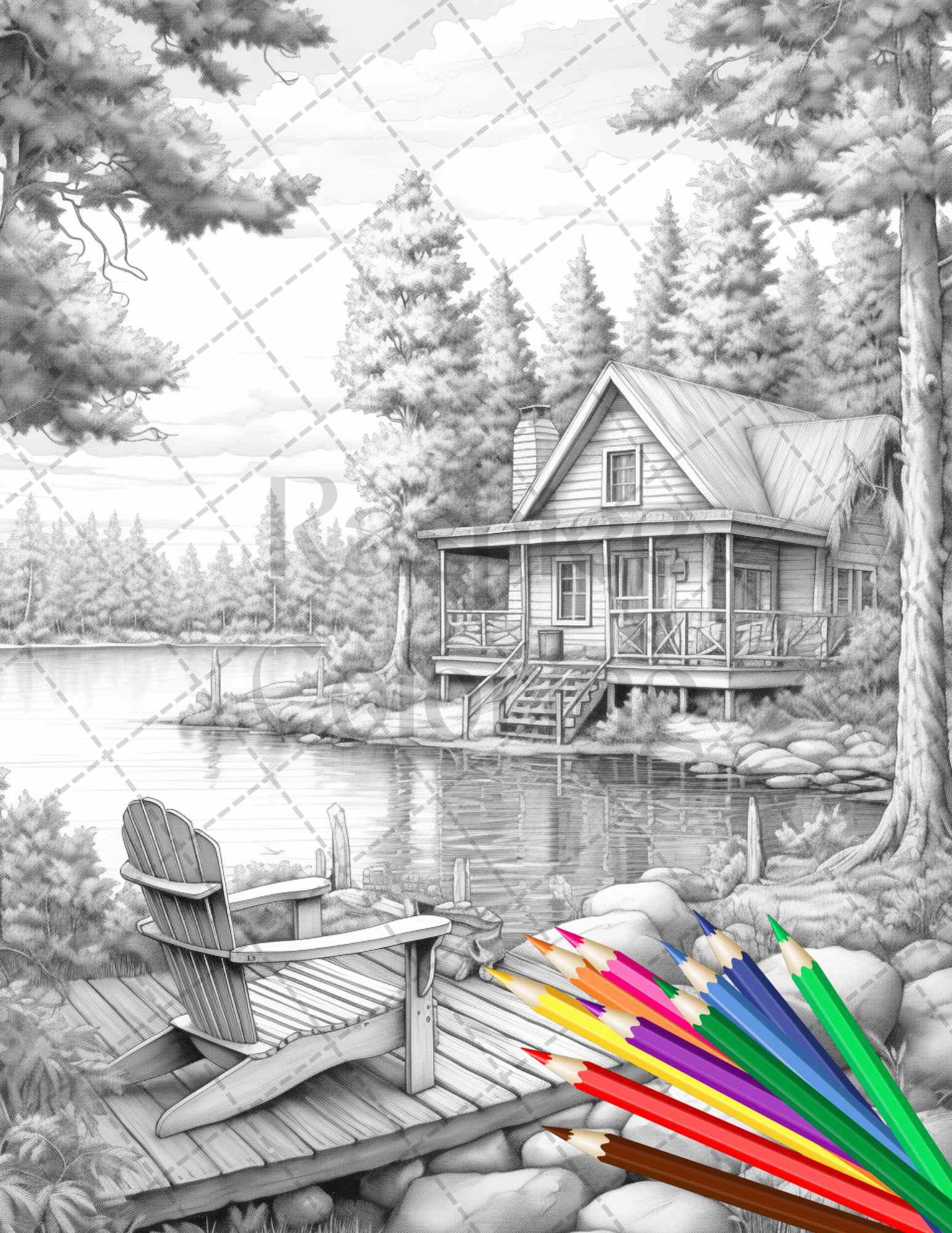 Lake Cabin Scenery Grayscale Coloring Pages Printable for Adults, PDF File Instant Download