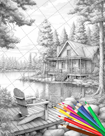 Lake Cabin Scenery Grayscale Coloring Pages Printable for Adults, PDF File Instant Download
