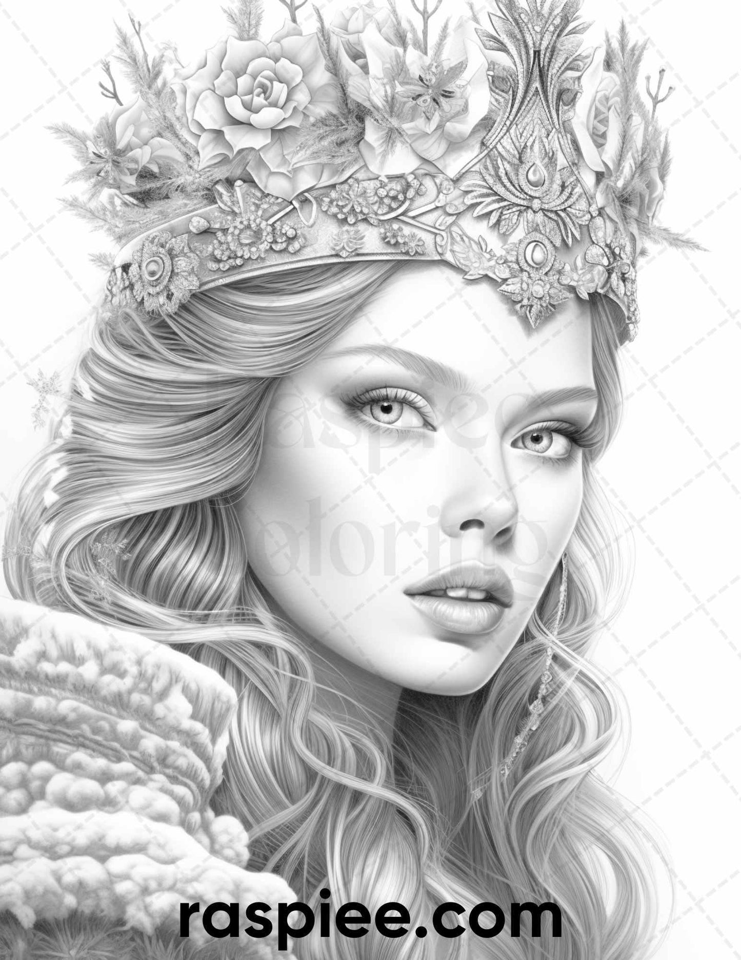 50 Winter Queens Portrait Grayscale Coloring Pages Printable for Adults, PDF File Instant Download