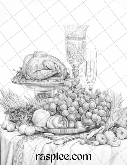 Thanksgiving Dinner Grayscale Coloring Pages for Adults, Relaxing Fall Coloring Sheets, Printable PDF File Instant Download