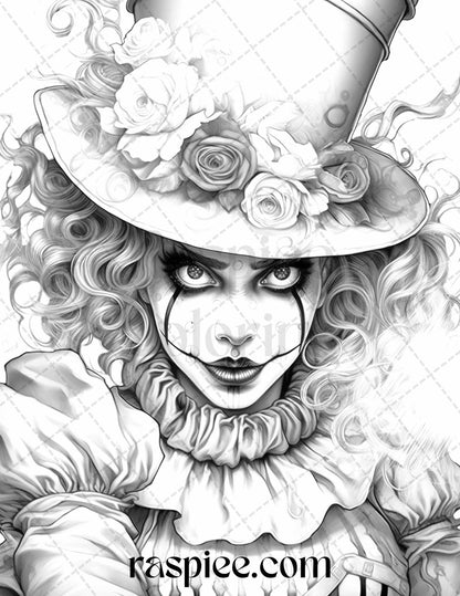 50 Scary Clown Girls Grayscale Coloring Pages Printable for Adults, PDF File Instant Download