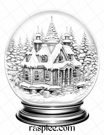 Cozy Cabin in Snow Globe Grayscale Coloring Pages Printable for Adults, PDF File Instant Download
