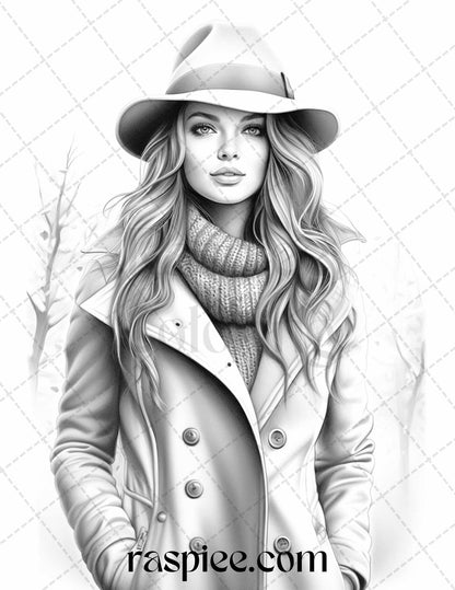 40 Winter Fashion Grayscale Coloring Pages Printable for Adults, PDF File Instant Download