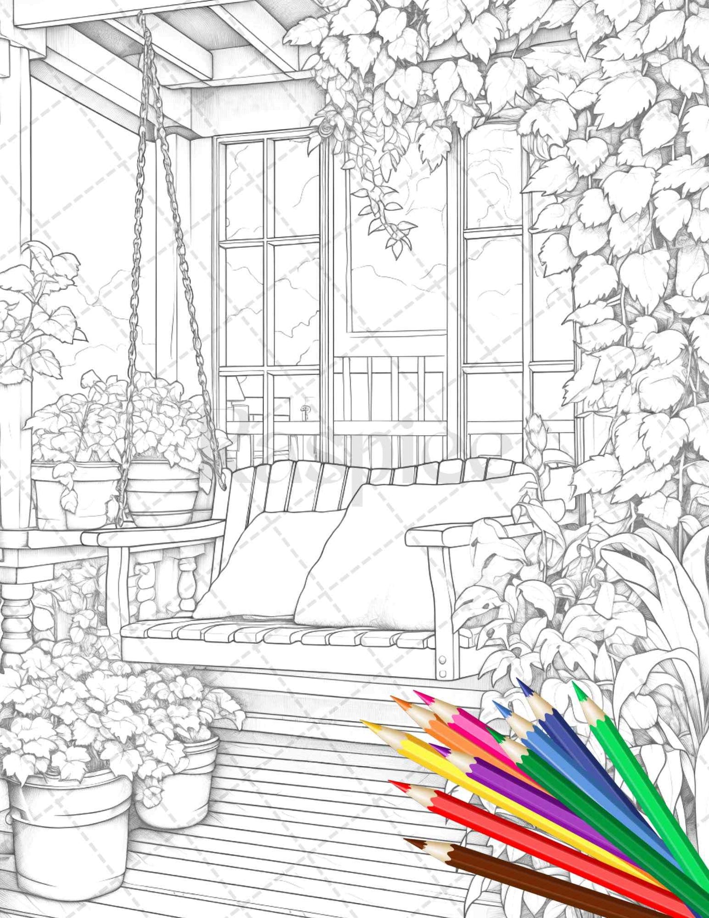 Charming Balcony Garden Grayscale Coloring Pages Printable for Adults, PDF File Instant Download