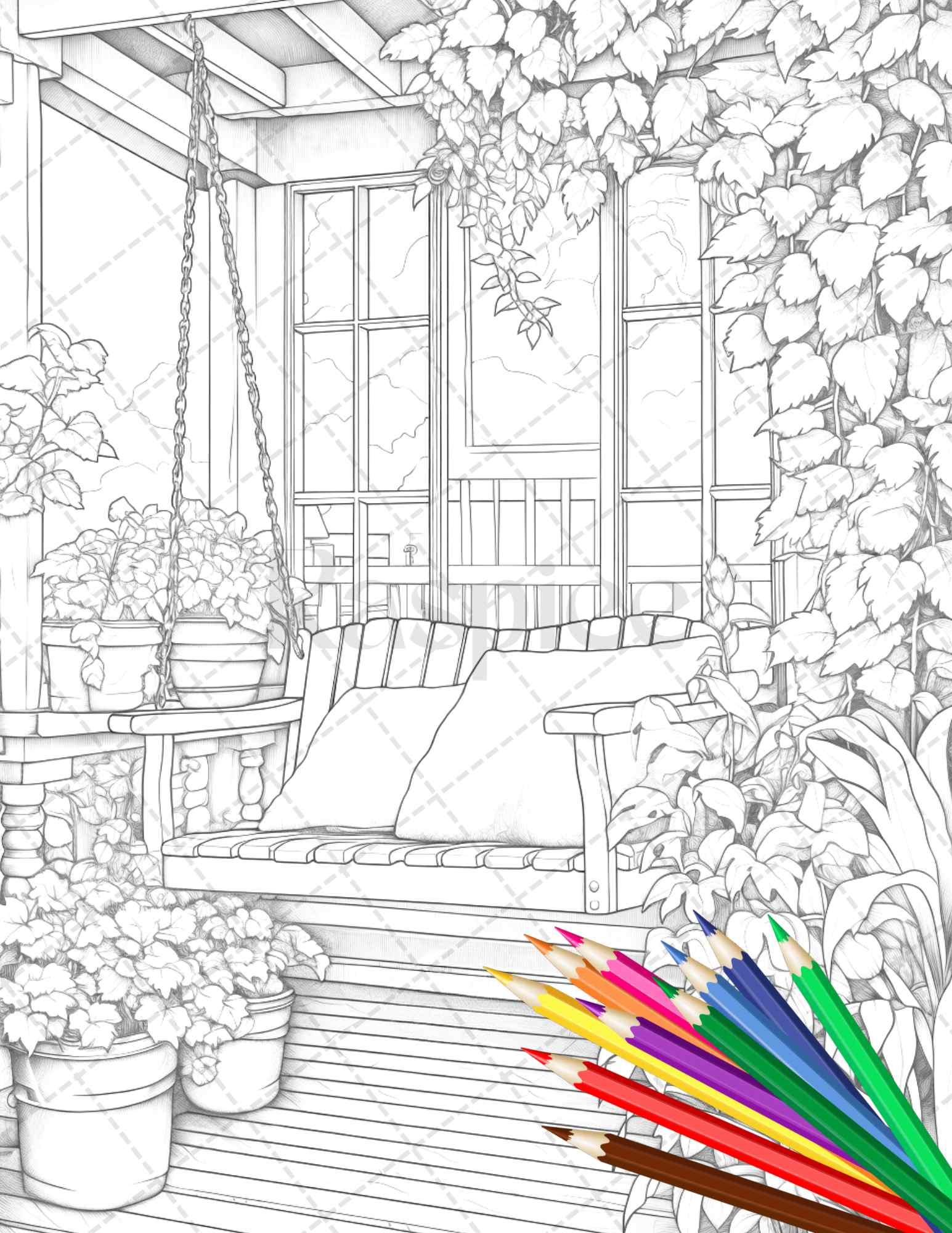 Charming Balcony Garden Grayscale Coloring Pages Printable for Adults, PDF File Instant Download