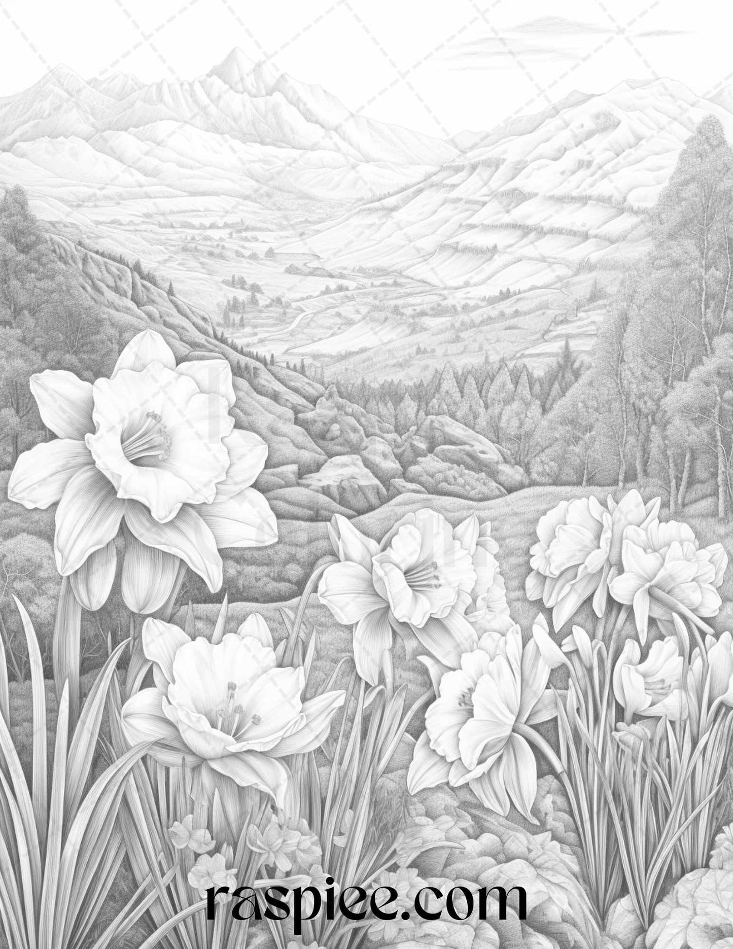 60 Mountain Flower Landscapes Grayscale Coloring Pages Printable for Adults, PDF File Instant Download