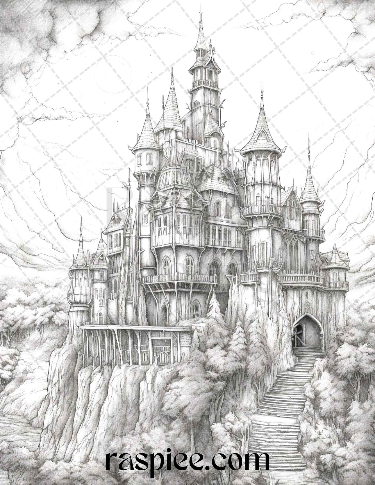 50 Haunted Castles Grayscale Coloring Pages Printable, Halloween Coloring Book, PDF File Instant Download