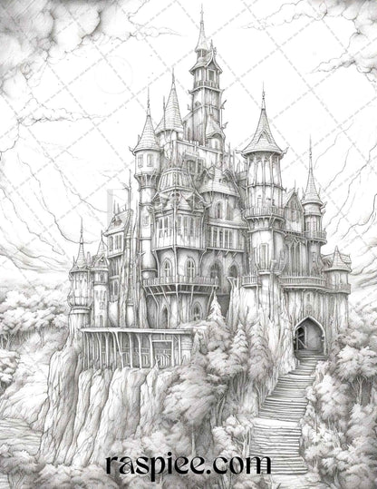 50 Haunted Castles Grayscale Coloring Pages Printable, Halloween Coloring Book, PDF File Instant Download