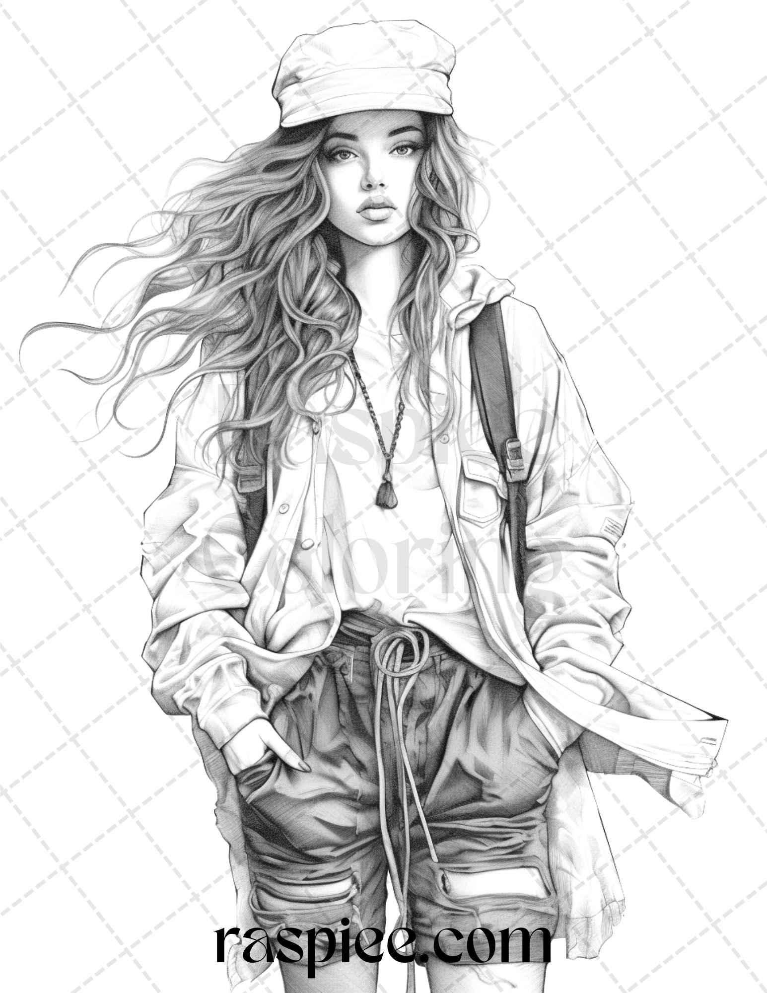 50 Streetwear Fashion Grayscale Coloring Pages Printable for Adults, PDF File Instant Download