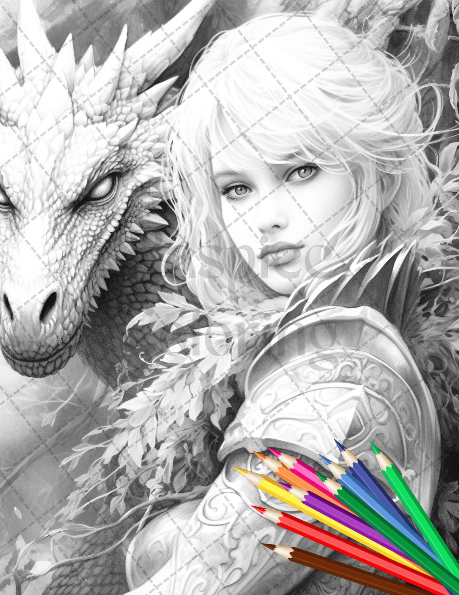 Enchanted Dragon Queens Grayscale Coloring Pages Printable for Adults, PDF File Instant Download